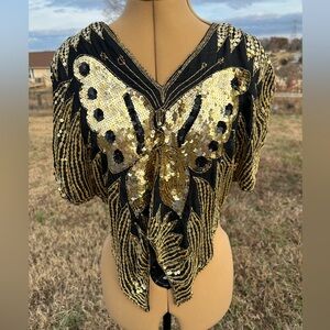 Stunning vintage sequined butterfly shirt/top. Unique. Party outfit. 100% silk